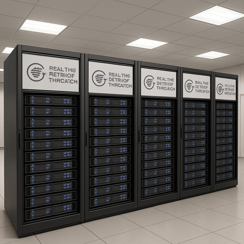 Black and white image of server racks in a server room.