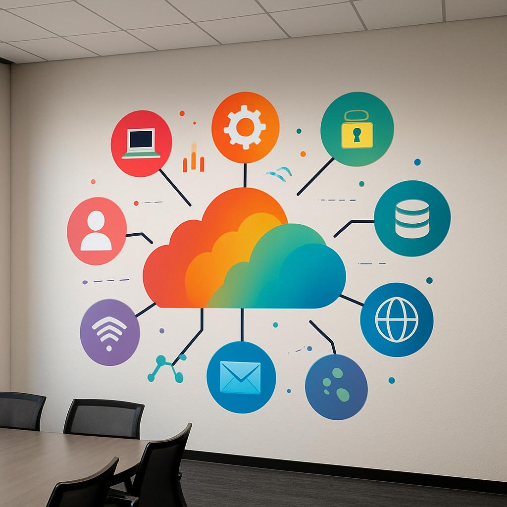 La imagen ilustra un mural de una oficina con elementos relacionados con la nube y la tecnología. Es de interés que en la ...