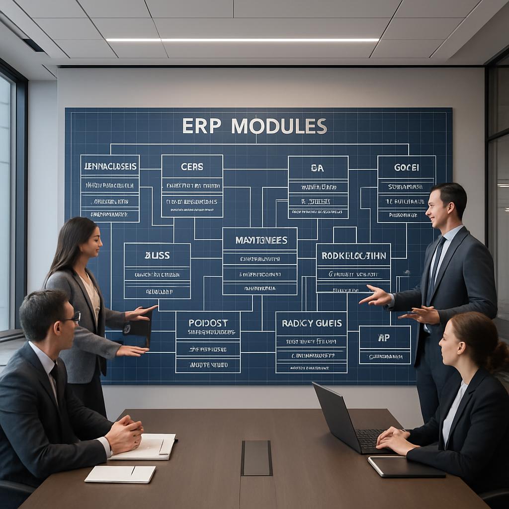 An image of a presentation about ERP modules in the office.