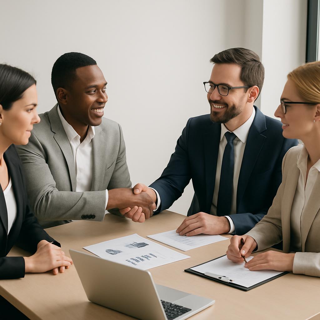 Four people in business attire and a laptop sit at a table, shaking hands over a document.